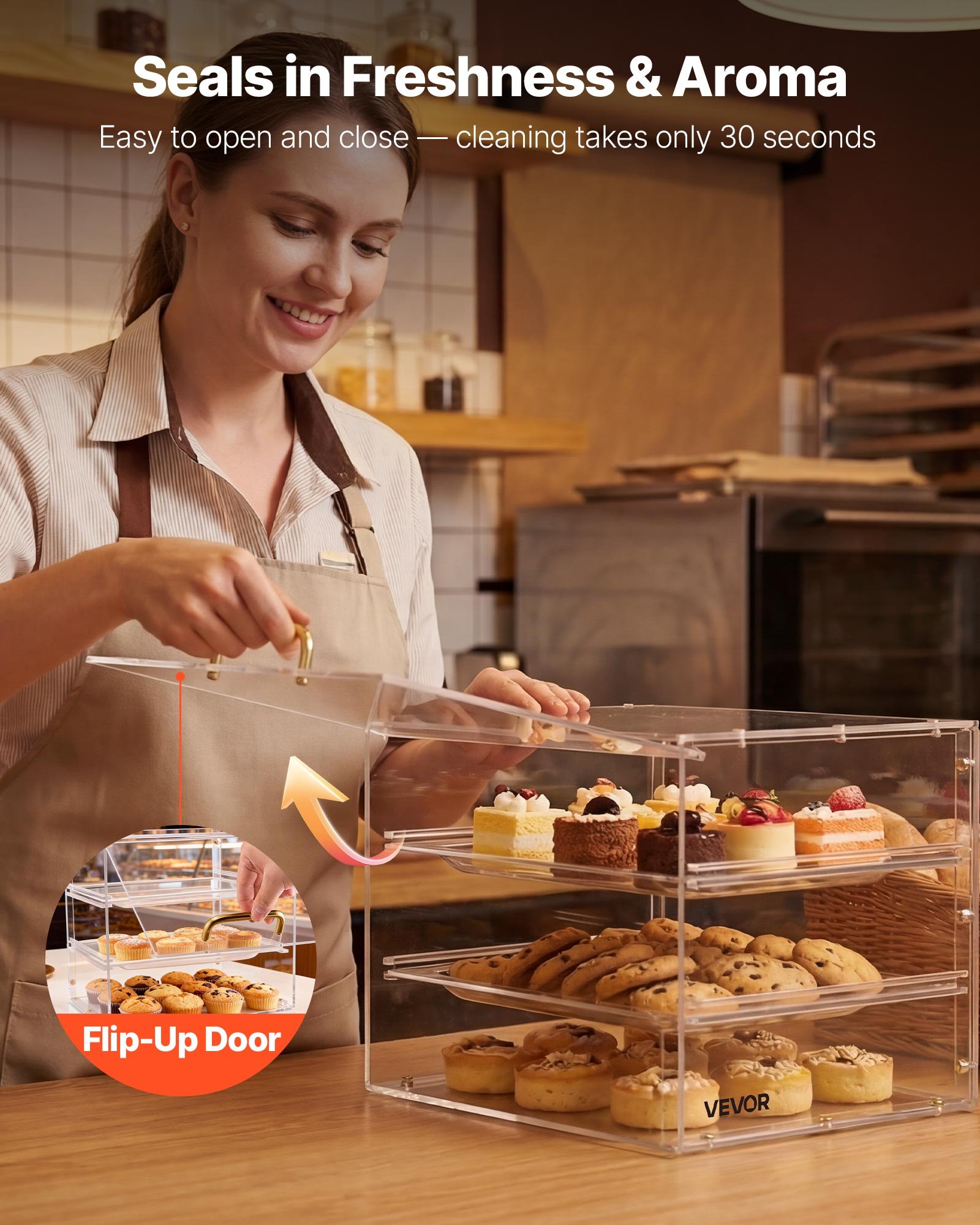 VEVOR Vetrina per Pasticceria 3 Ripiani da Banco, Espositore per Panetteria in Acrilico Trasparente con Anta a Ribalta, Vetrina Portapane in Acrilico per Torte Biscotti Dolci 330 x 260 x 260 mm
