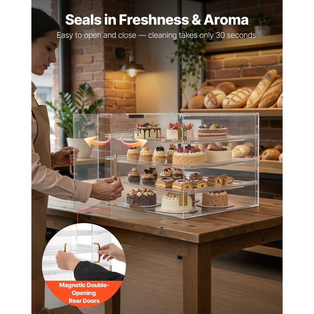 VEVOR Vetrina per Pasticceria da Banco, Espositore Vetrina per Pasticceria Commerciale a 4 Ripiani, Portapane in Acrilico Trasparente per Cucina Torte con Porta Posteriore Magnetica per Biscotti
