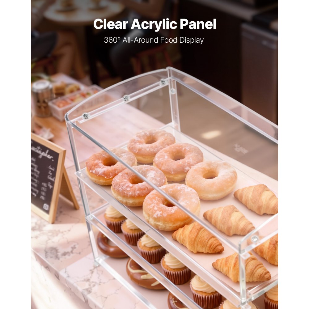 VEVOR Vetrina per Pasticceria da Banco Espositore a 3 Ripiani da Banco in Acrilico Vetrina Portapane Torte con Anta a Ribalta per Biscotti, Torte, Ciambelle, da Panetteria 482 x 232 x 380 mm