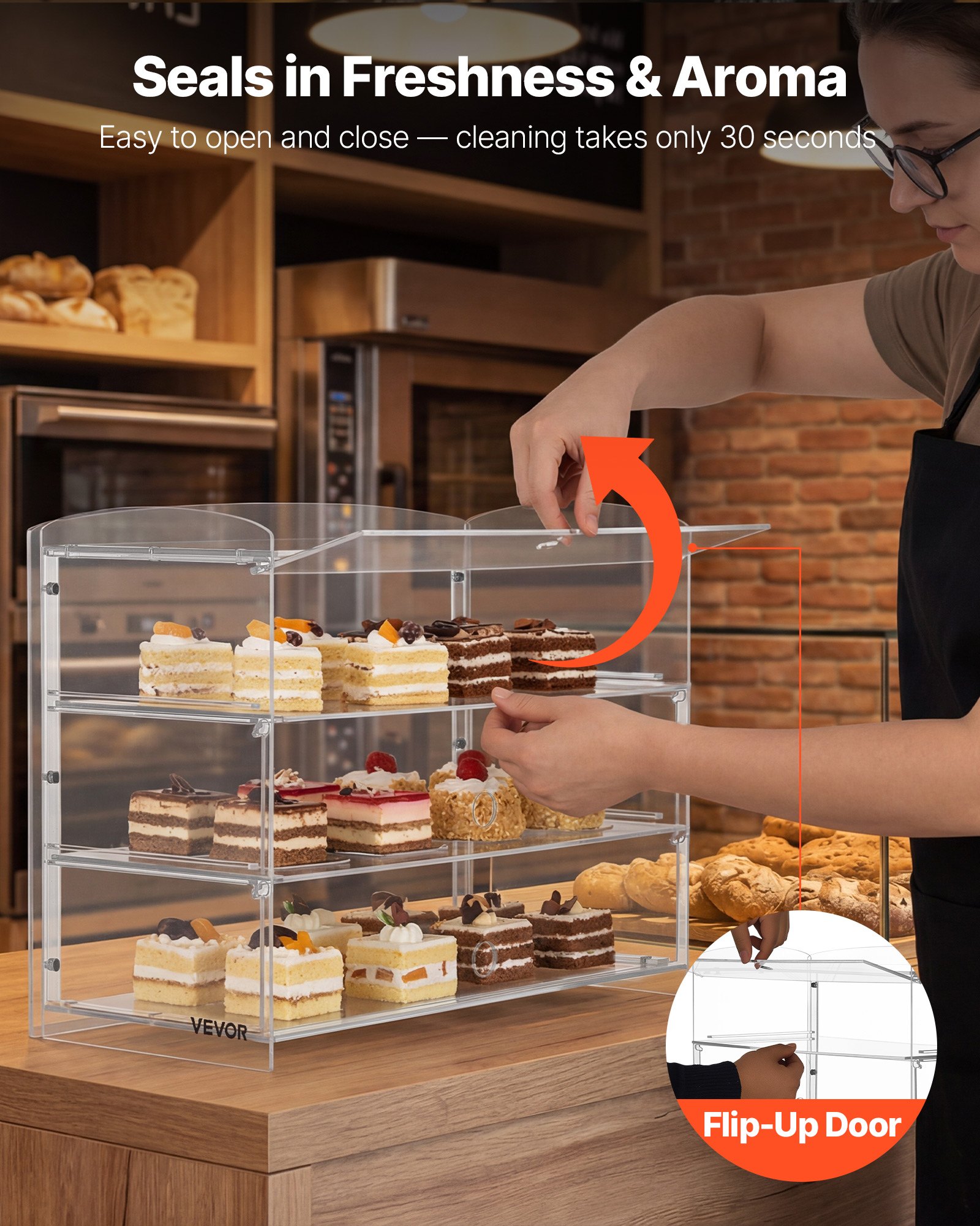 VEVOR Vetrina per Pasticceria da Banco Espositore a 3 Ripiani da Banco in Acrilico Vetrina Portapane Torte con Anta a Ribalta per Biscotti, Torte, Ciambelle, da Panetteria 482 x 232 x 380 mm