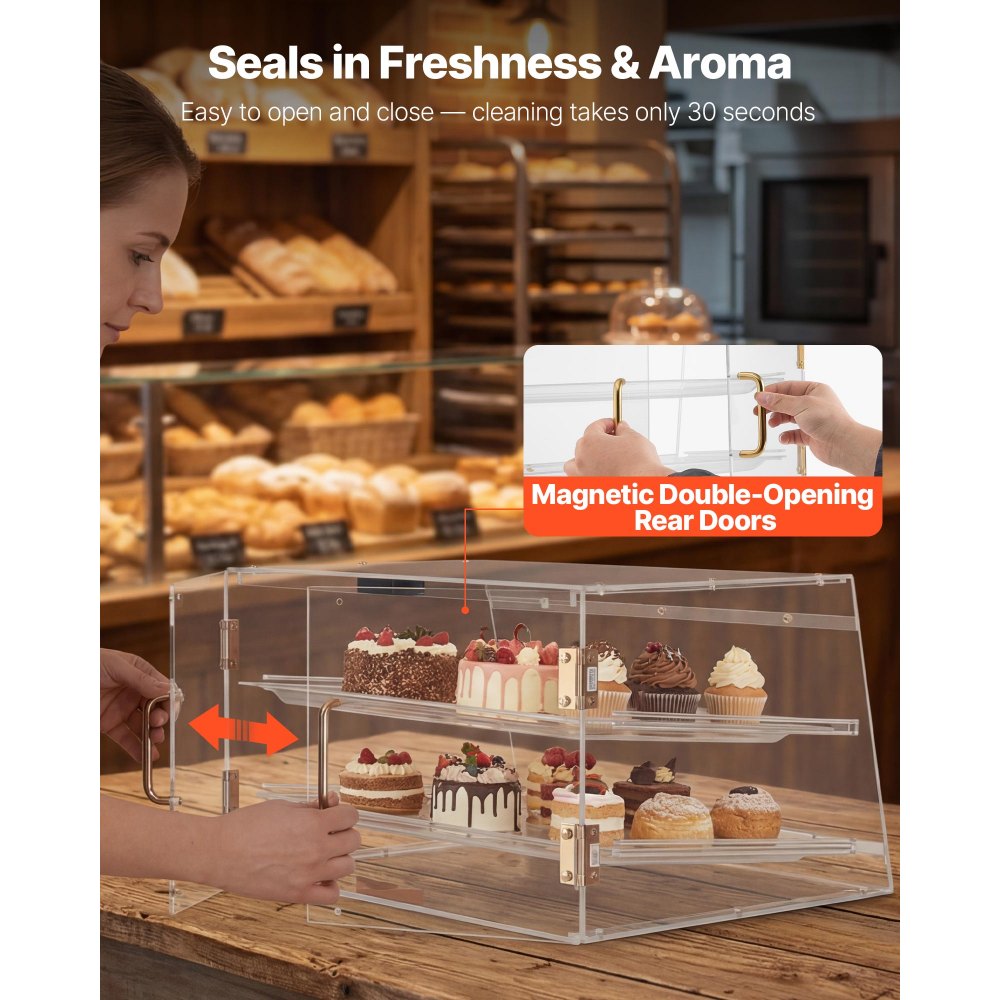 VEVOR Vetrina per Pasticceria Portapane, Espositore per Panetteria Torte Dolci Pani in Acrilico per Bar, Vetrina per Torte con Porta Posteriore Magnetica 2 Ripiani per Biscotti 526 x 400 x 305 mm