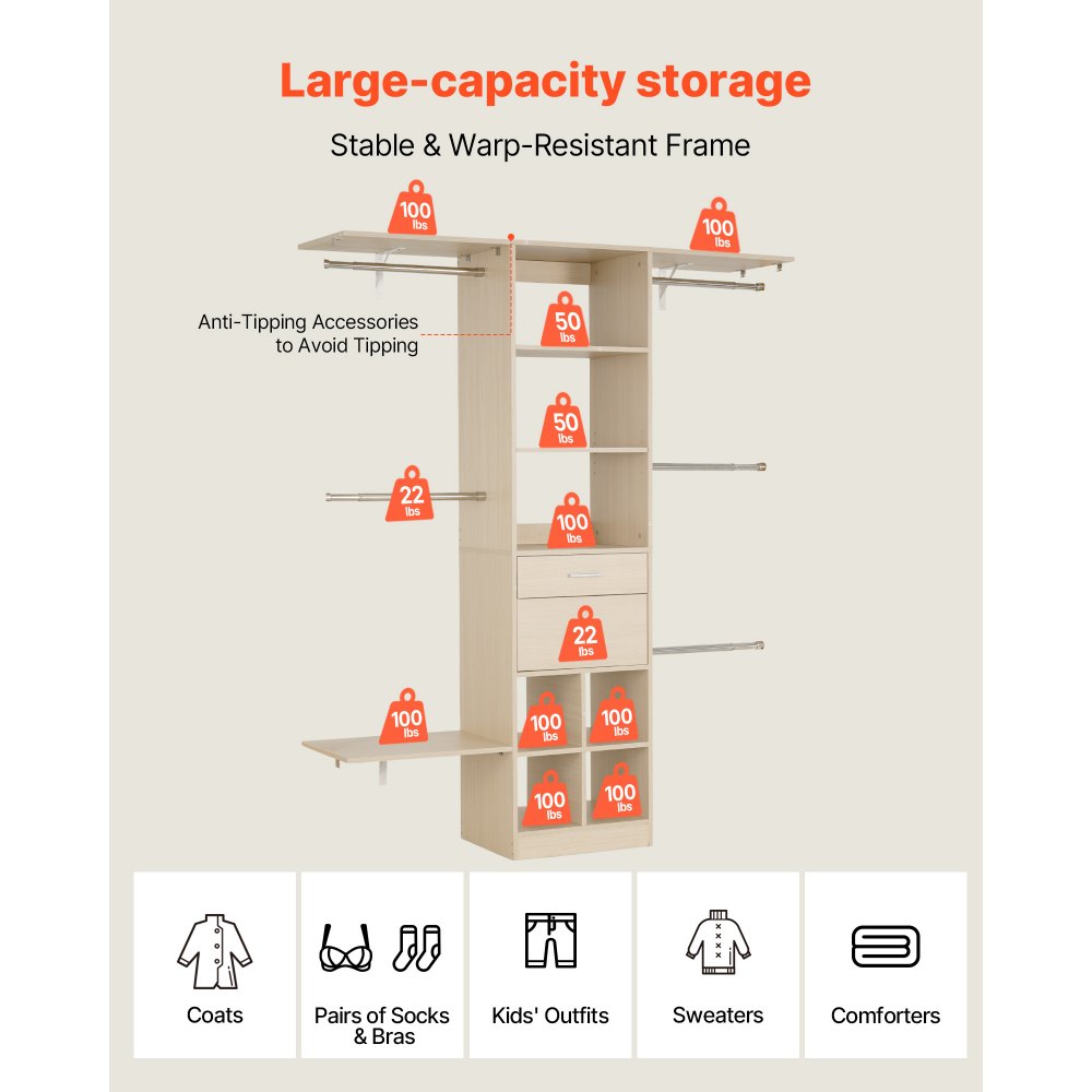 VEVOR Portaoggetti da Appendere a 2 Cassetti, Appendiabiti Regolabile in Legno, Organizzatore per Guardaroba con 5 Aste Appendiabiti Estensibili 46-81 cm, Sistema per Cabina Armadio