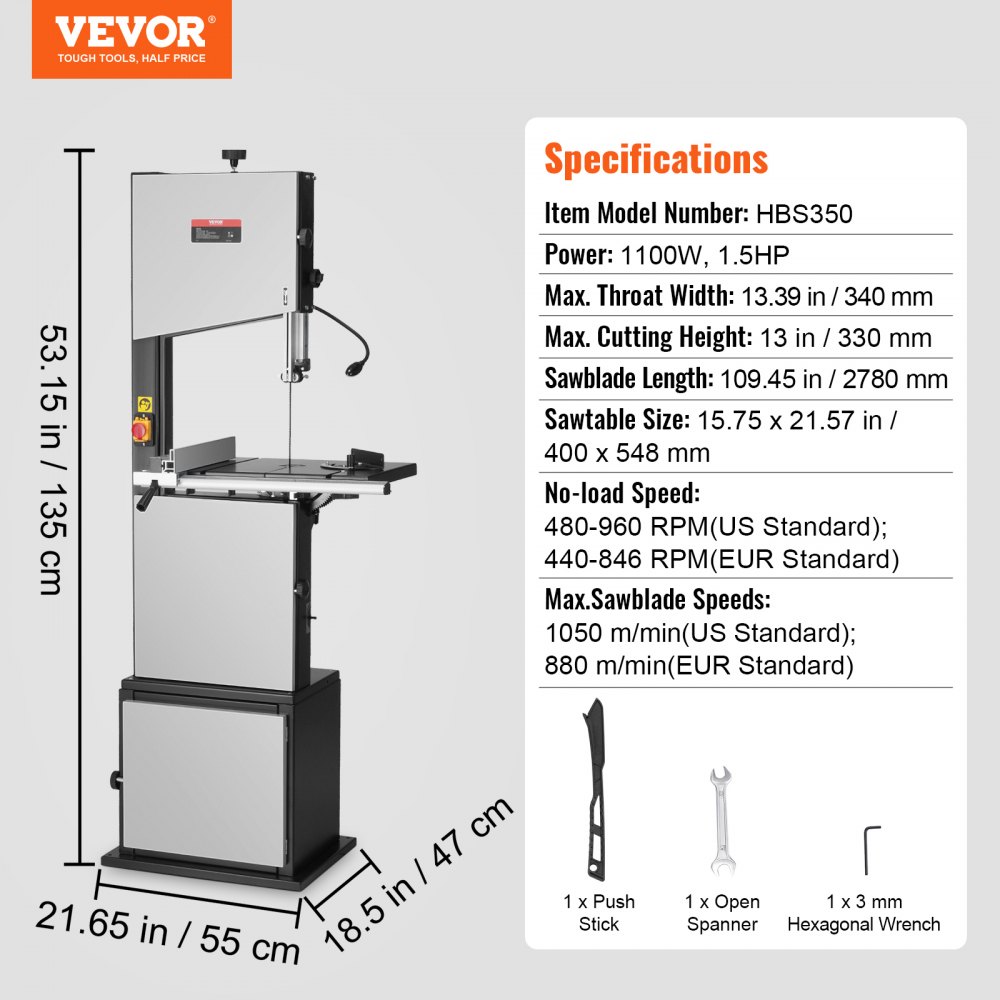 VEVOR Troncatrice a Nastro da Banco 340 mm 440-846 giri/min Motore 1100 W, Troncatrice Elettrica Altezza Taglio 330 mm Lunghezza Lama 2780 mm, Troncatrice per Lavorazione di Legno, Alluminio