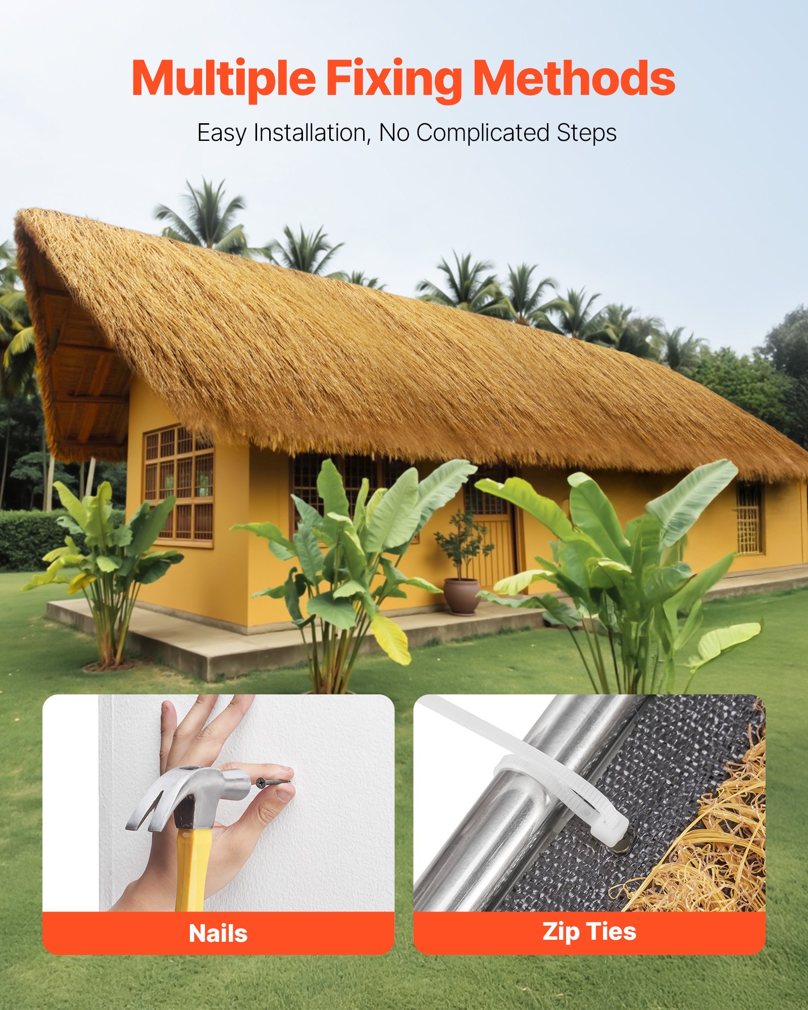 VEVOR Tetto in Paglia Artificiale 0,4 x 1,2 m Rotolo di Tetto in Paglia, Impermeabile e Ignifugo, per Patio, Piscina, Spiaggia, Decorazioni per Feste Hawaiane Tropicali, Base Gialla e Nera