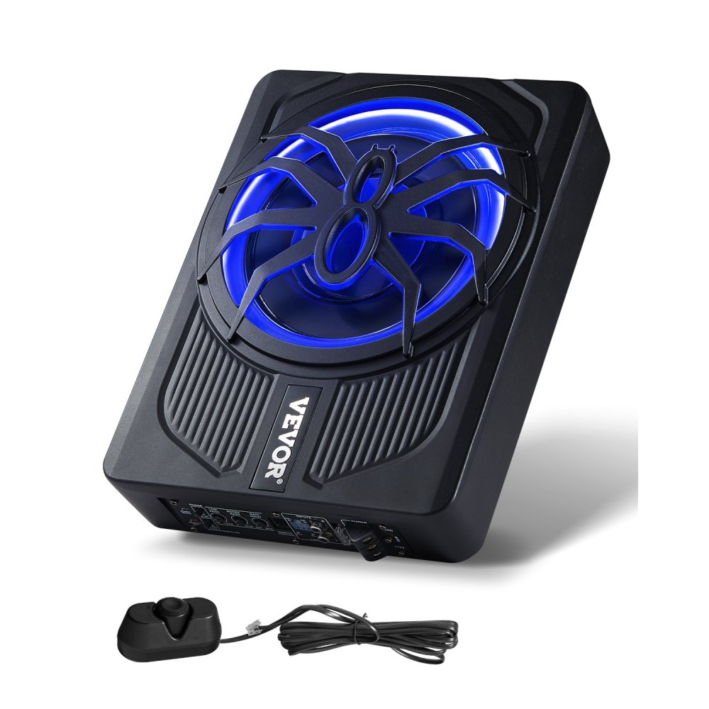VEVOR Subwoofer per Auto Sotto Sedile, Subwoofer Auto Sottile Sistema Audio a Basso Profilo con Luce Blu, Amplificatore Integrato, Ingresso Livello Alto Basso Regolatore del Volume, 254 mm e 440 W