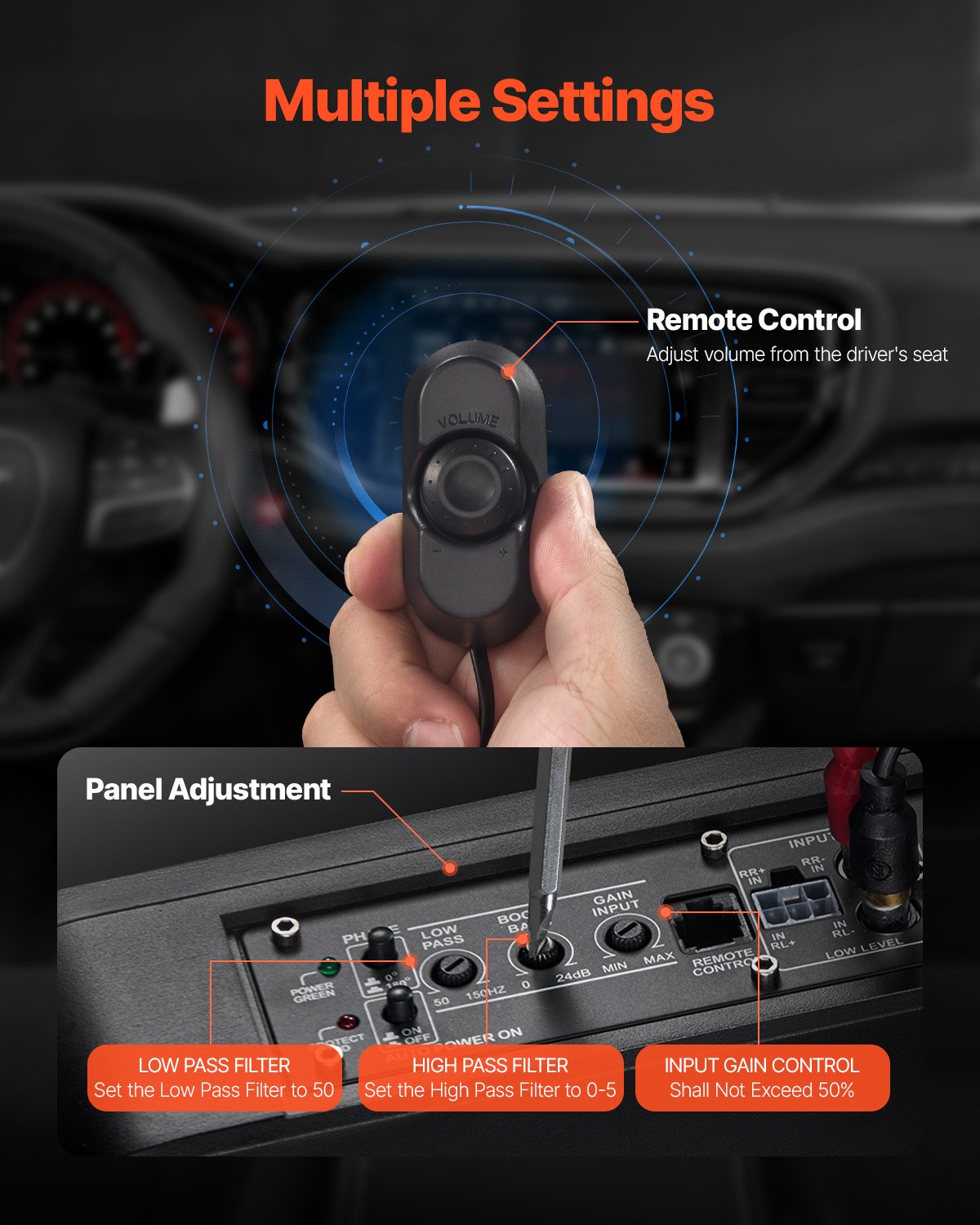 VEVOR Subwoofer per Auto Sotto Sedile, Subwoofer Auto Sottile Sistema Audio a Basso Profilo con Luce Blu, Amplificatore Integrato, Ingresso Livello Alto Basso Regolatore del Volume, 254 mm e 440 W