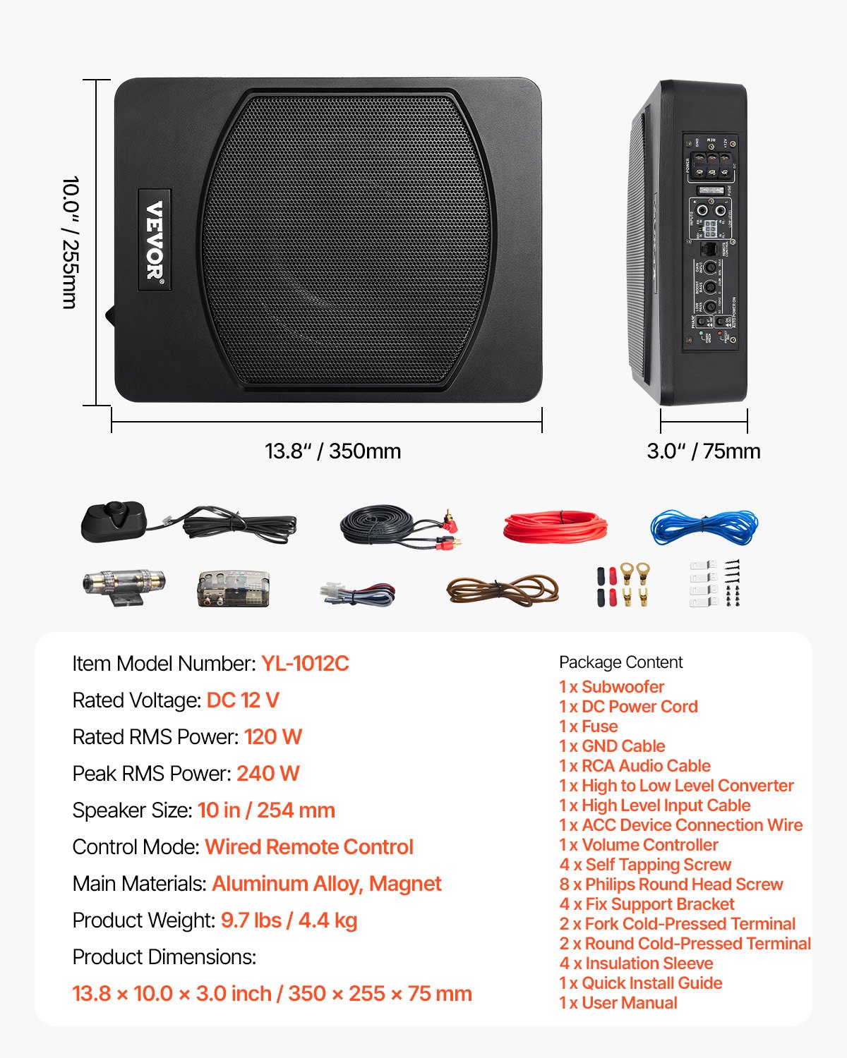 VEVOR Subwoofer per Auto Sotto Sedile, Subwoofer Auto Sottile Sistema a Basso Profilo, Audio a Basso Profilo Amplificatore Integrato, Ingresso Livello Alto Basso Regolatore del Volume, 254 mm e 240 W