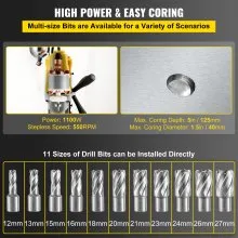 VEVOR Trapano Elettrico Magnetico MD40, Motore del Sistema di Perforazione Magnetico ad Alta Potenza 1100 W, 220 V, con11 Punte Elicoidali, Usato per Strutture in Acciaio, Costruzioni Navali, ecc.
