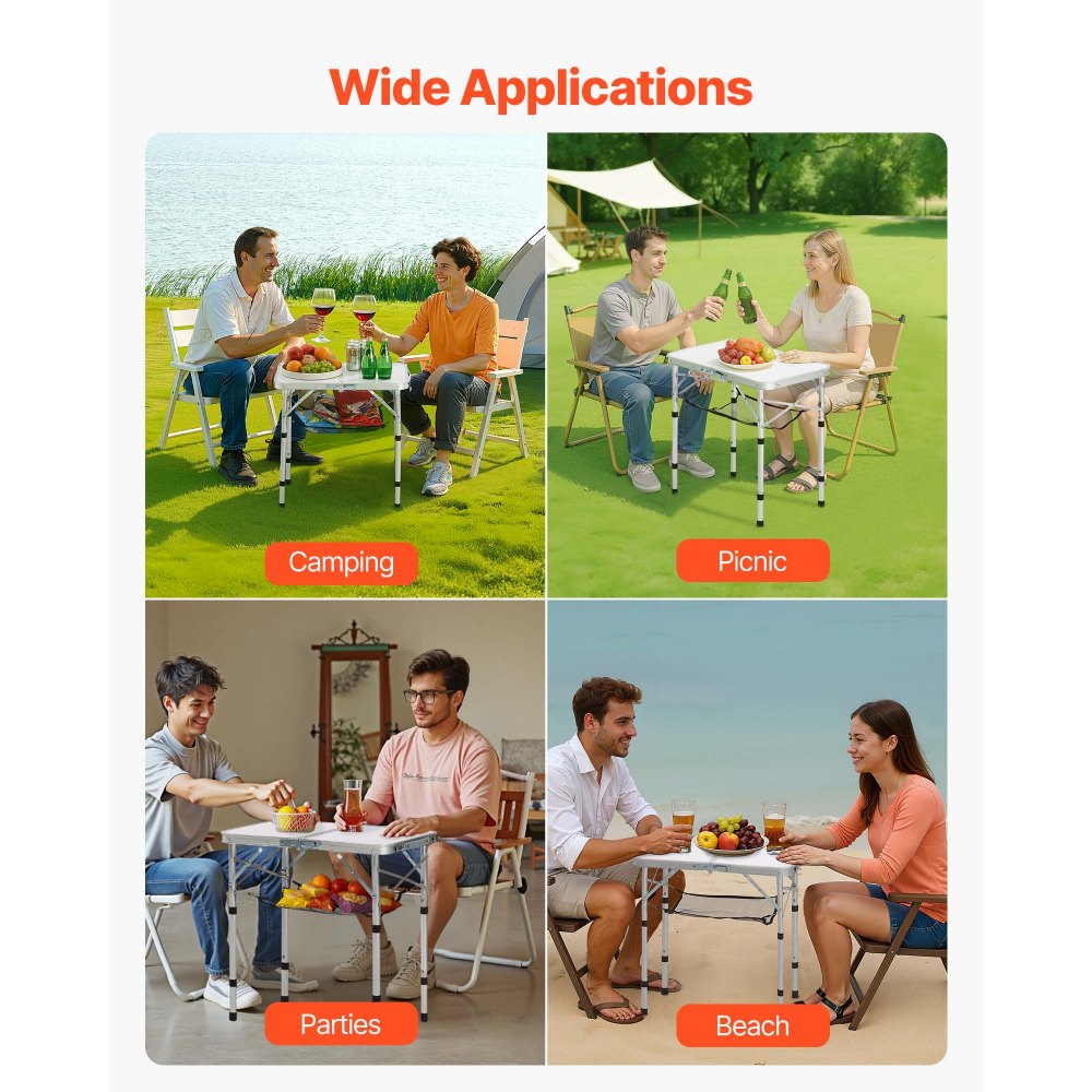 VEVOR Tavolo da Campeggio Pieghevole 600 x 400 mm Tavolo da Spiaggia in Alluminio MDF con Strato in Rete, Maniglia per Trasporto, Leggero e Compatto per Picnic all'Aperto, Barbecue, Argento