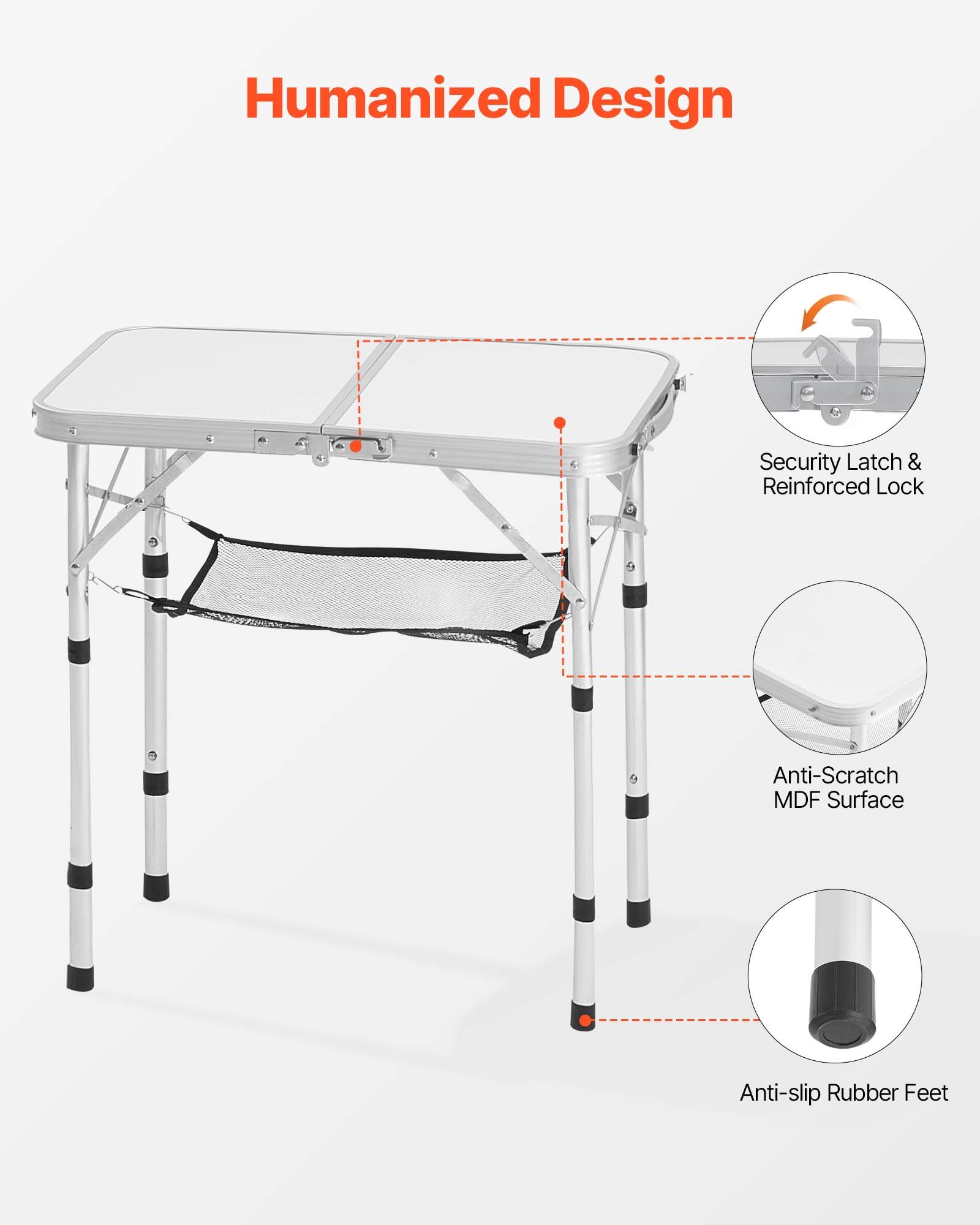 VEVOR Folding Camping Table, Adjustable Height Portable Side Tables, Aluminum MDF Beach Table with Mesh Layer, Carrying Handle, Lightweight Compact for Outdoor Picnic BBQ Cooking, 24x16in, Silver