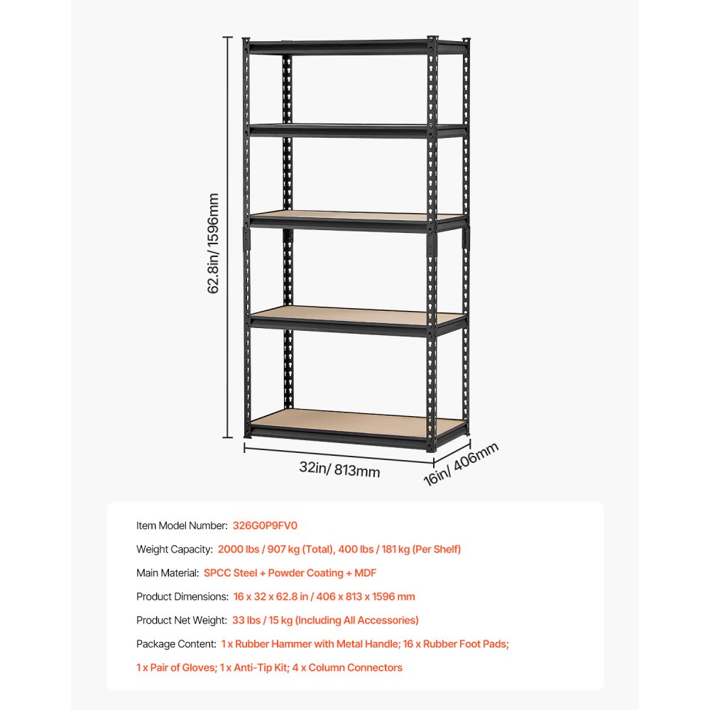 VEVOR Scaffale Portaoggetti,Scaffale Portaoggetti a 5 Livelli, Ripiani in Metallo Regolabili, Scafandro per Cucina, Magazzino, Seminterrato, Scaffalatura Nero 907 kg, 406 x 813 x 1596 mm