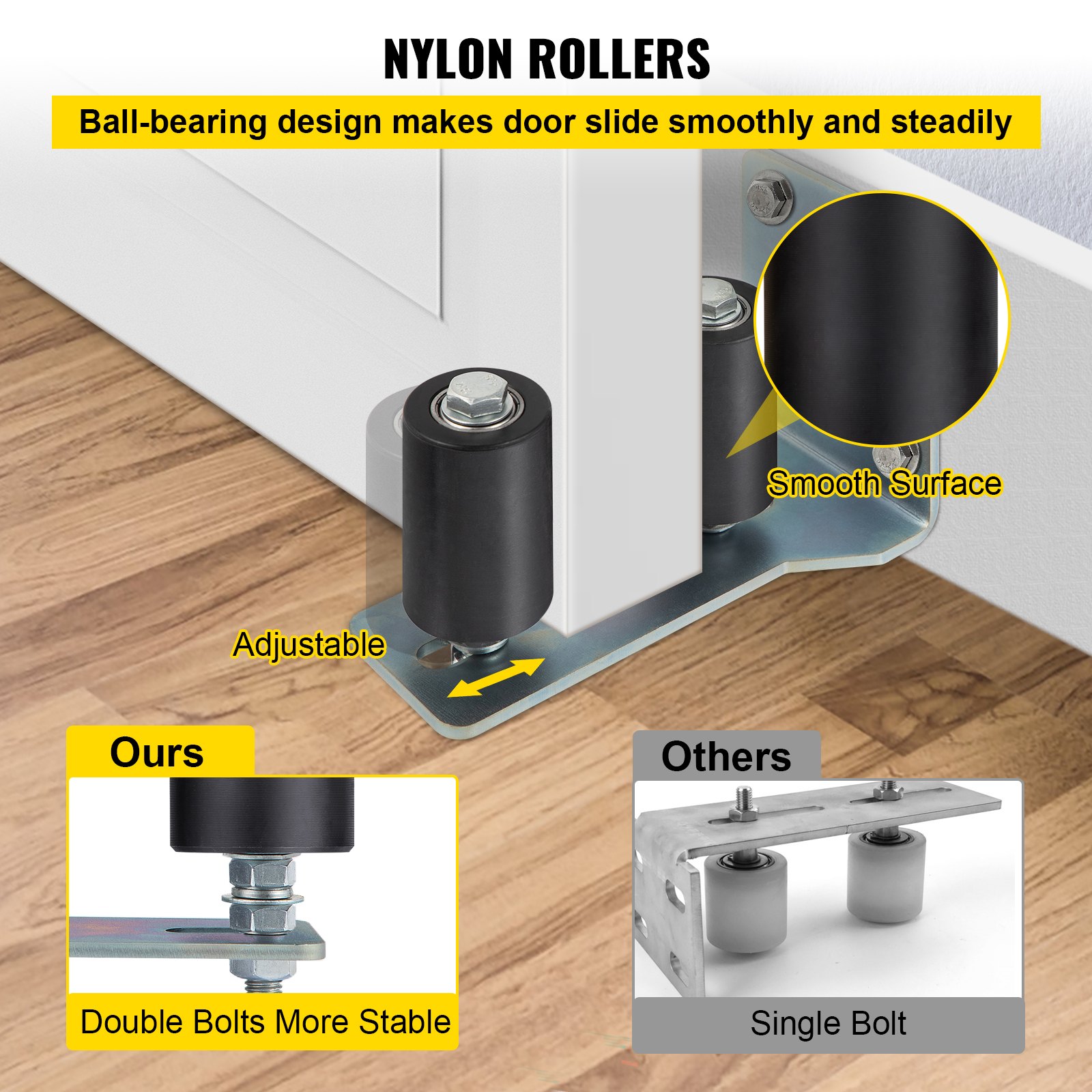 VEVOR Guida a Rulli per Cancelli 3" Scorrevole in Nylon Nero Verniciato in Zinco con Staffa a L e Bulloni Regolabili Gruppo di Supporto Confezione da 2