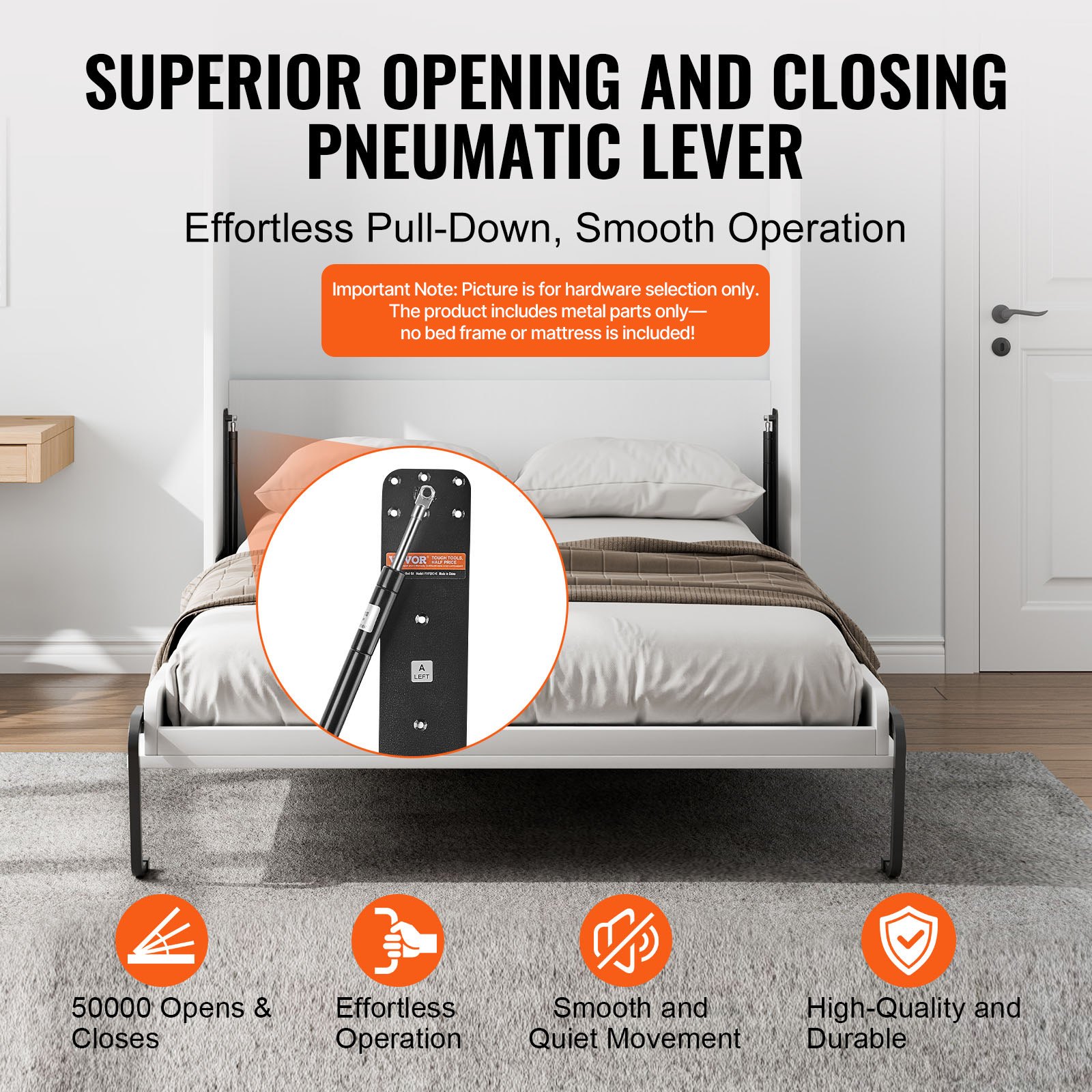 VEVOR Murphy Bed Spring Mechanism 2055 x 1175 x 2080 mm, Murphy Bed Kit, Twin Deluxe, DIY Kit Mechanical Hardware for Wall Beds, Pneumatic Lever Bed Support, Folding Cabinet Wall Bed