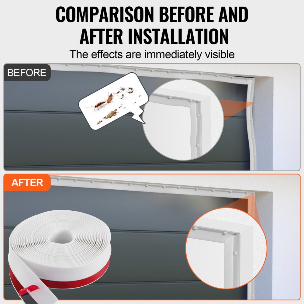 VEVOR sealing strips for garage doors, top and sides, 10.3 m long universal replacement sealing strips, weatherproof strips, TPE seals with self-adhesive backing and screws