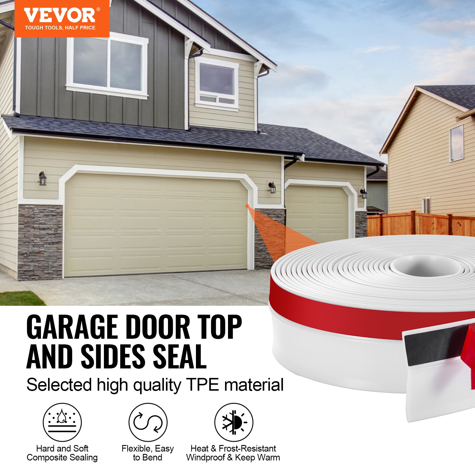 VEVOR sealing strips for garage doors, top and sides, 10.3 m long universal replacement sealing strips, weatherproof strips, TPE seals with self-adhesive backing and screws