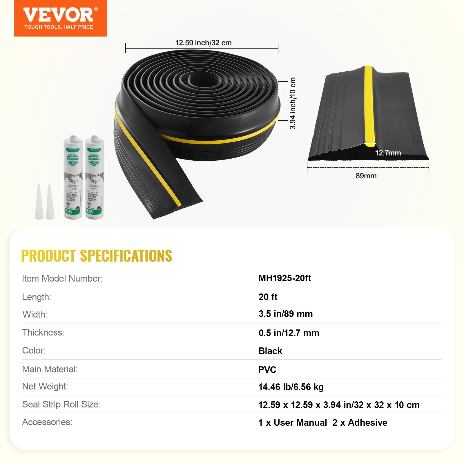 VEVOR Sealing Strip for Garage Door Thresholds 6.09m Sealing Strip for Garage Door Bottoms with Adhesive, Weatherproof Strip for Garage Door Bottom, Improved Thick PVC