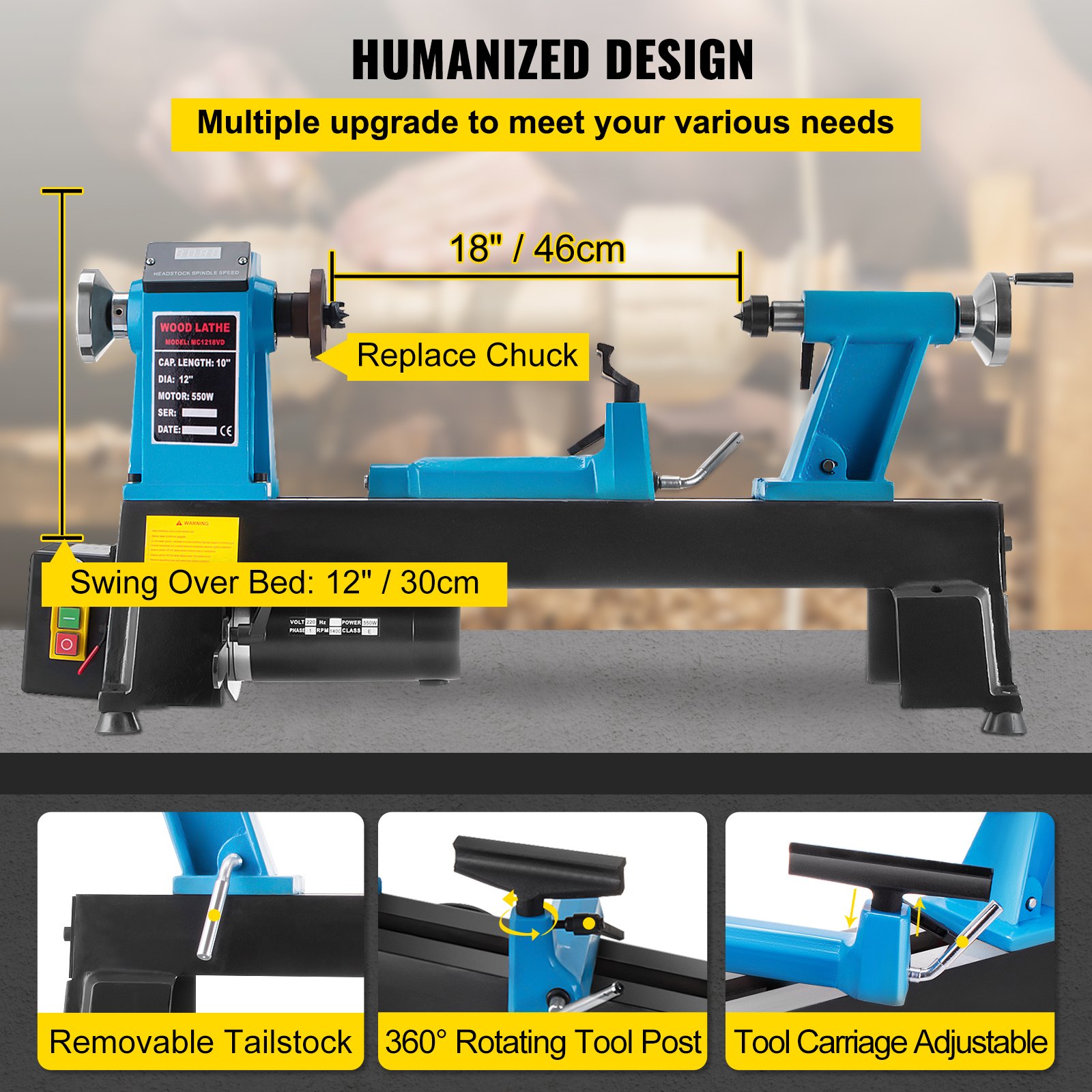 VEVOR Mini Tornio per Legno, 550 W 220 V MT2 Gamma di Velocità del Mandrino 500-3800 RPM Tornio da Banco per Legno per Eseguire Varie Operazioni Relative al Legno Come Taglio, Levigatura, Foratura