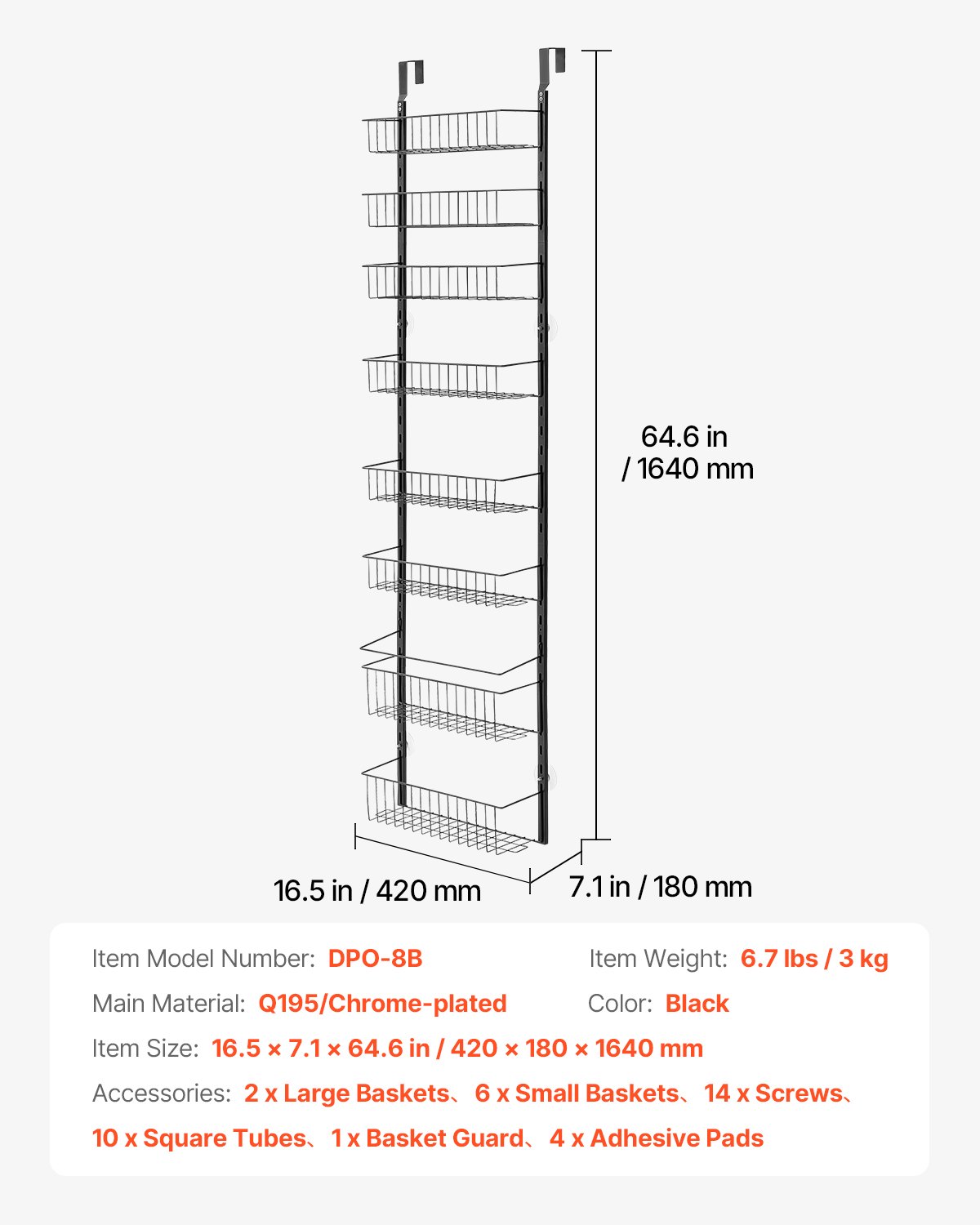 VEVOR Organizzatore per Dispensa Sopra Porta, Organizzazione e Stoccaggio della Dispensa 8 Ripiani, Porta Spezie Sospeso in Acciaio Resistente, Ripiani Regolabili per Condimenti Parete Nero