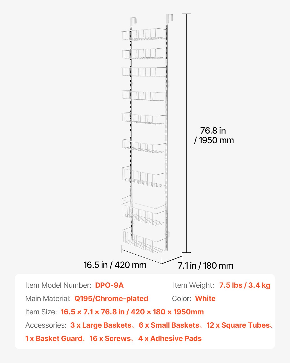 VEVOR Organizzatore per Dispensa Sopra Porta, Organizzazione Stoccaggio della Dispensa 9 Ripiani, Porta Spezie Sospeso in Acciaio Resistente, Ripiani Regolabili per Condimenti Parete, Bianco