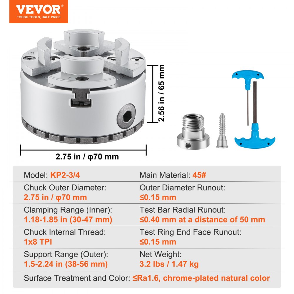 VEVOR Mandrino per Tornio per Legno φ70mm Mandrino per Tornio a 4 Griffe KP2-3/4 Mandrino per Tornitura di Legno, Utensile Autocentrante con Chiave a T per Rettifica Fresatura, Mandrino Autocentrante