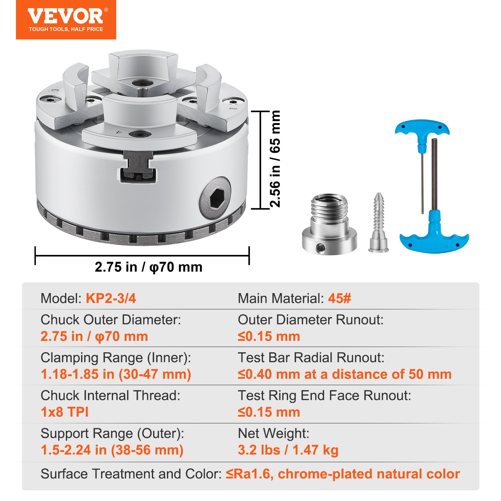 VEVOR Mandrino per Tornio per Legno φ70mm Mandrino per Tornio a 4 Griffe KP2-3/4 Mandrino per Tornitura di Legno, Utensile Autocentrante con Chiave a T per Rettifica Fresatura, Mandrino Autocentrante