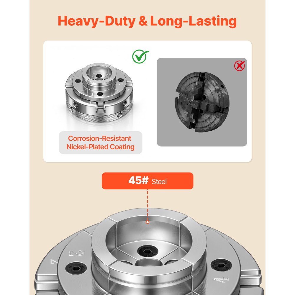 VEVOR Mandrino per Tornio per Legno 100 mm, Mandrino Autocentrante a 4 Griffe per Tornitura del Legno con Adattatore 1 pollici x 8 TPI Accessori con Griffe Valigetta per Trasporto, Acciaio Nichelato