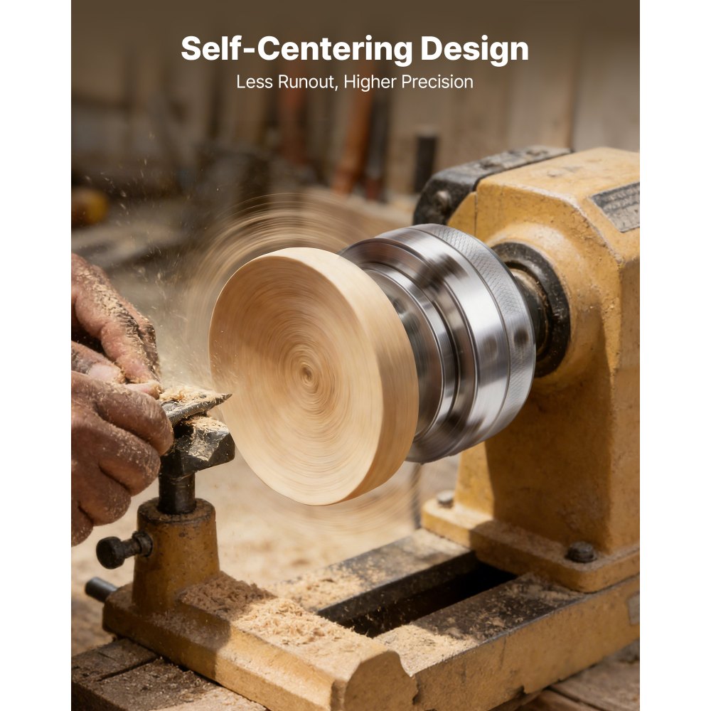 VEVOR Mandrino per Tornio per Legno 100 mm, Mandrino Autocentrante a 4 Griffe per Tornitura del Legno con Adattatore 1 pollici x 8 TPI Accessori con Griffe Valigetta per Trasporto, Acciaio Nichelato