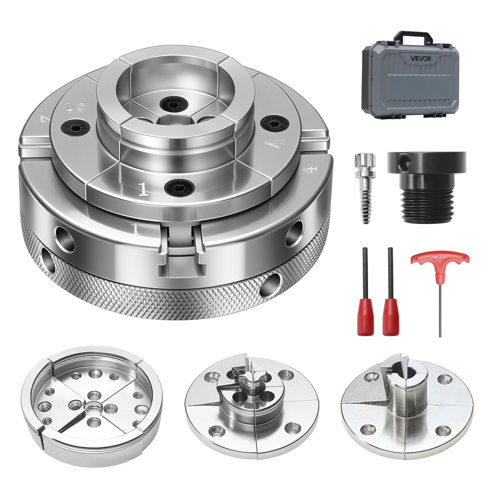 VEVOR Mandrino per Tornio per Legno 100 mm, Mandrino Autocentrante a 4 Griffe per Tornitura del Legno con Adattatore 1 pollici x 8 TPI Accessori con Griffe Valigetta per Trasporto, Acciaio Nichelato