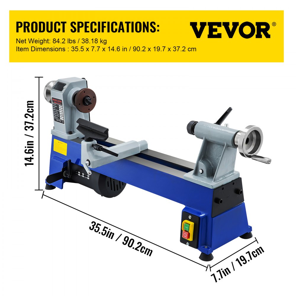 VEVOR Tornio per Legno Tornio a Velocità Variabile, Velocità 500-3200 giri/min MT 2 Potenza 230 V 550 W 1 Fase Mini Tornio da Banco per L'Utilizzo in Laboratori, Officine, Ingegneria e Insegnamento.