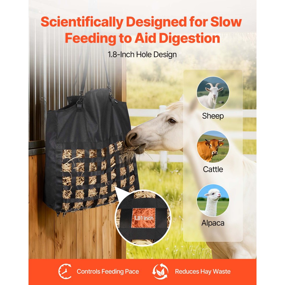 VEVOR Borsa da Fieno per Cavalli 55 x 18,5 x 64 cm, Fori da 46 x 46 mm, Struttura in Nylon di Alta Qualità con Rivestimento Impermeabile in PVC, Cinghie di Sospensione Regolabili e Ganci in Metallo