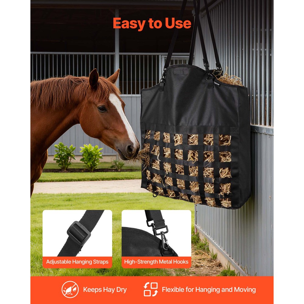 VEVOR Borsa da Fieno per Cavalli 55 x 18,5 x 64 cm, Fori da 46 x 46 mm, Struttura in Nylon di Alta Qualità con Rivestimento Impermeabile in PVC, Cinghie di Sospensione Regolabili e Ganci in Metallo