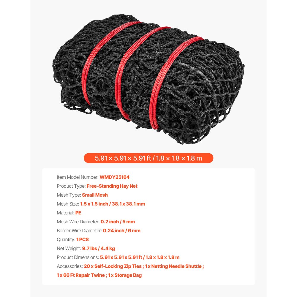 VEVOR Rete per Balle di Fieno Rotonde 1,8 x 1,8 x 1,8 m, Fori da 38,1 x 38,1 mm, Materiale PE, Design Senza Nodi, con Fascette, Navetta per Aghi, Spago di Riparazione e Borsa per la Conservazione