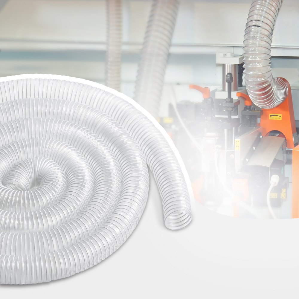 VEVOR Dust Collection Hose, 2.5 in x 20 ft, Thickened PVC Material, Puncture-Resistant, Flexible, Transparent Hose with Carbon Steel Wire Spool, 4 x 304 Stainless Steel Clamps, for Table Saw, Band Saw, Planer, Jointer