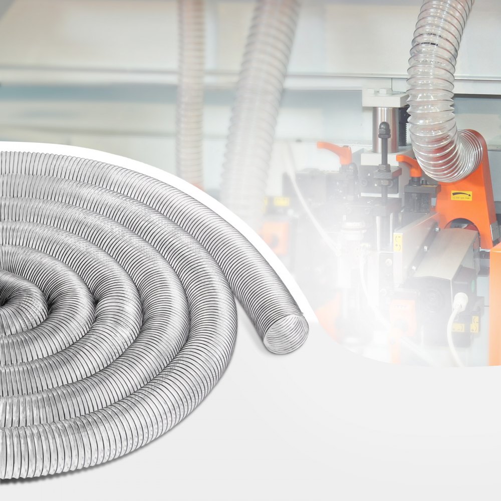 VEVOR Tubo Flessibile di Raccolta della Polvere, 100 x 15240 mm Materiale, Flessibile Trasparente Antiforatura con Bobina di Filo in Acciaio al Carbonio, 4 Morsetti in Scciaio inox 304 Sega a Nastro