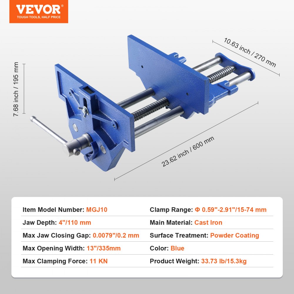 VEVOR Morsa da Banco per Lavorazione del Legno in Ghisa Profondità Ganasce 110 mm, Morsa per Lavorazione Legno da Banco Larghezza max. 335 mm, Morsa per Legno in Ghisa Forza di Serraggio max. 11 KN