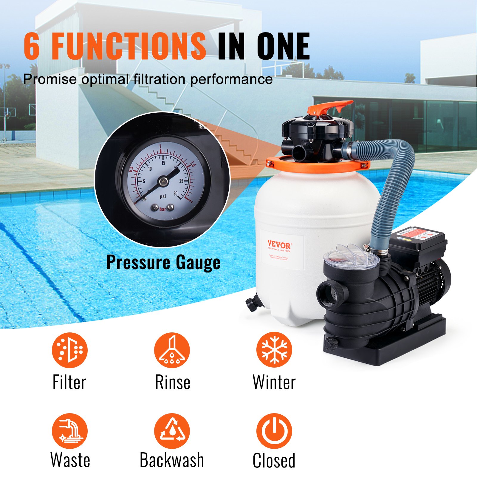 VEVOR Pompa Filtro a Sabbia per Piscine Fuori Terra, 10000 L/h, Kit Pompa per Filtrazione per Piscine, 300 mm, 285 W, con Valvola a 6 Vie, Cestello Filtrante, per Piscine Domestiche e Commerciali