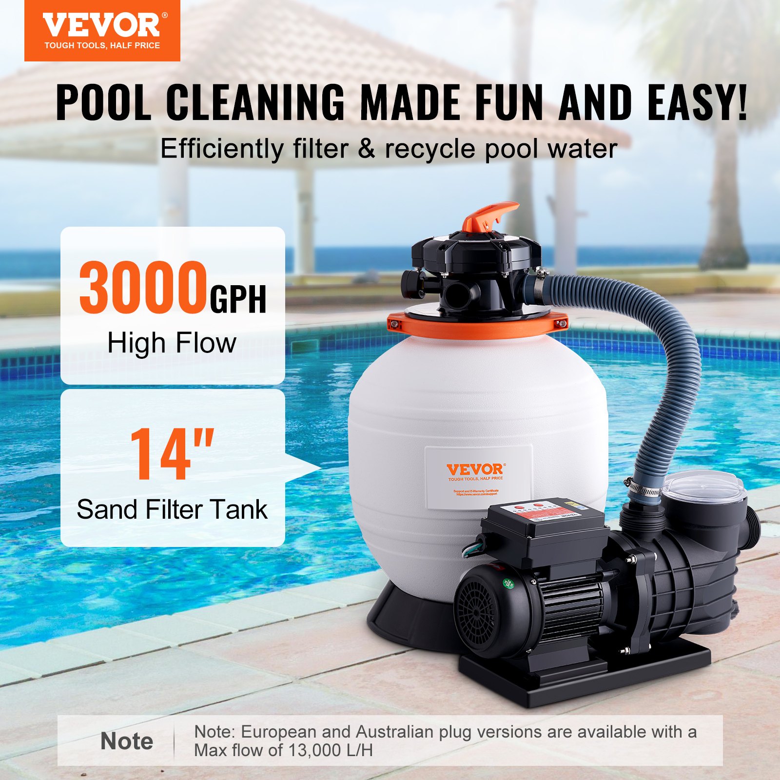 VEVOR Pompa Filtro a Sabbia per Piscine Fuori Terra, 13000 L/h, Kit Combo Pompa Filtrazione per Piscine, 350 mm, 450 W, con Valvola a 6 Vie, Cestello Filtrante, per Piscine Domestiche e Commerciali