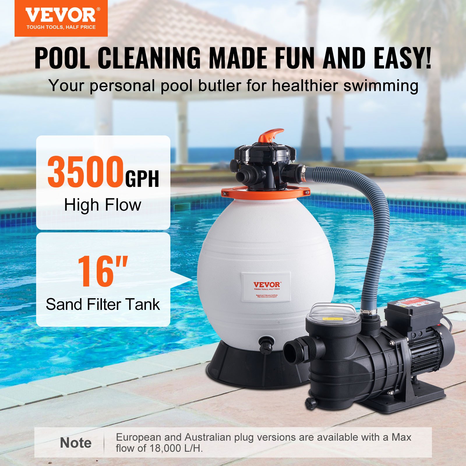 VEVOR Pompa Filtro a Sabbia per Piscine Fuori Terra, 18000 L/h, Kit Combo Pompa Filtrazione per Piscine, 400 mm, 850 W, con Valvola a 6 Vie, Cestello Filtrante, per Piscine Domestiche e Commerciali
