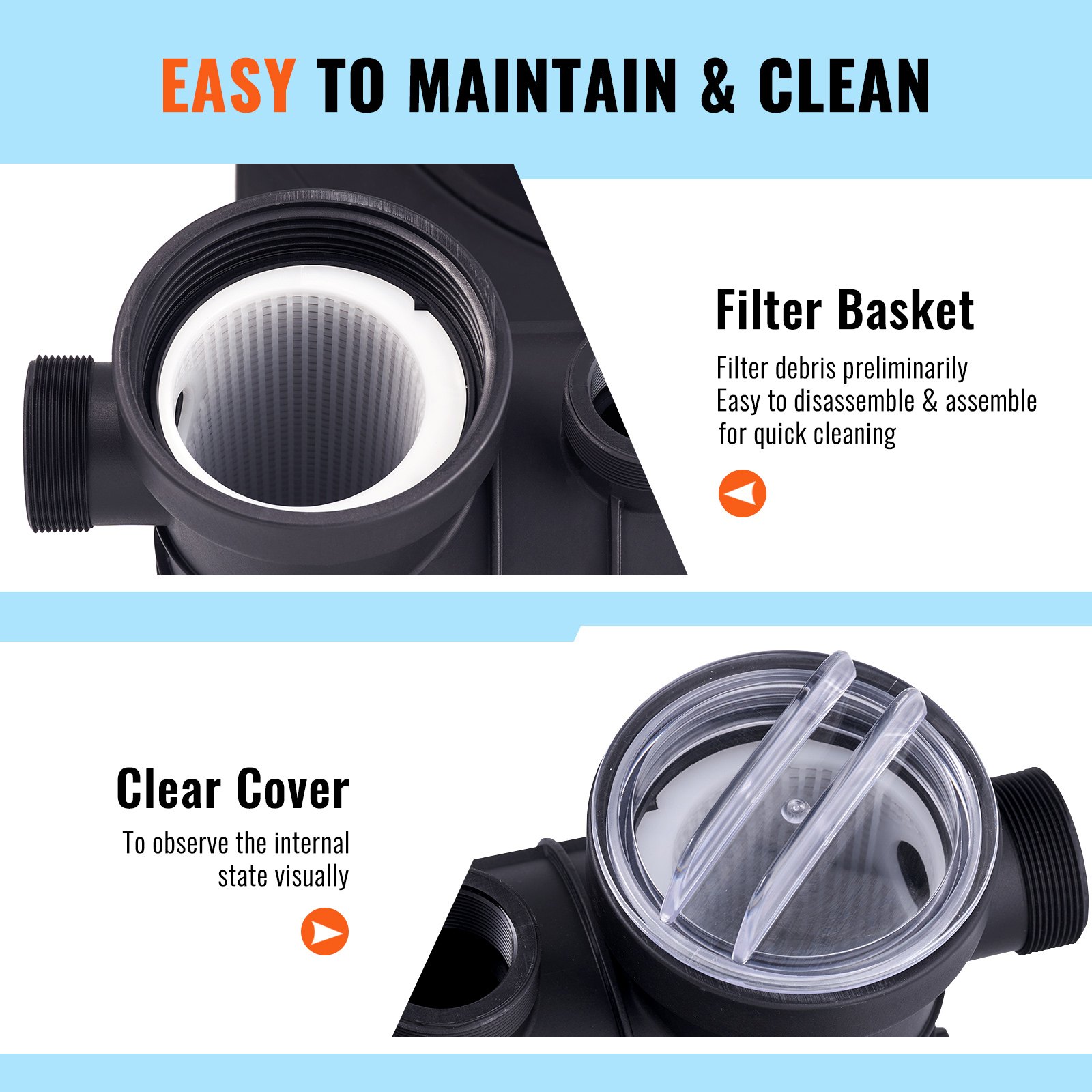 VEVOR Pompa Filtro a Sabbia per Piscine Fuori Terra, 18000 L/h, Kit Combo Pompa Filtrazione per Piscine, 400 mm, 850 W, con Valvola a 6 Vie, Cestello Filtrante, per Piscine Domestiche e Commerciali