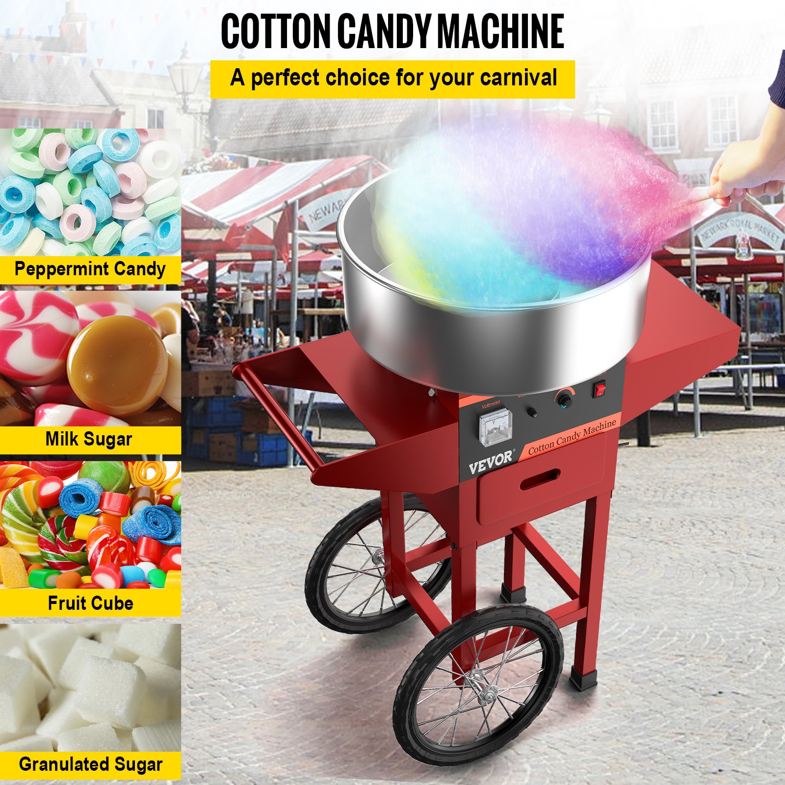 VEVOR Macchina Elettrica per Zucchero Filato Cotton Candy Maker con Carrello 1000W, Macchinetta per Zucchero Filato Rosso con Carrello Ciotola Diametro 50cm, Macchina Elettrica per Zucchero Filato