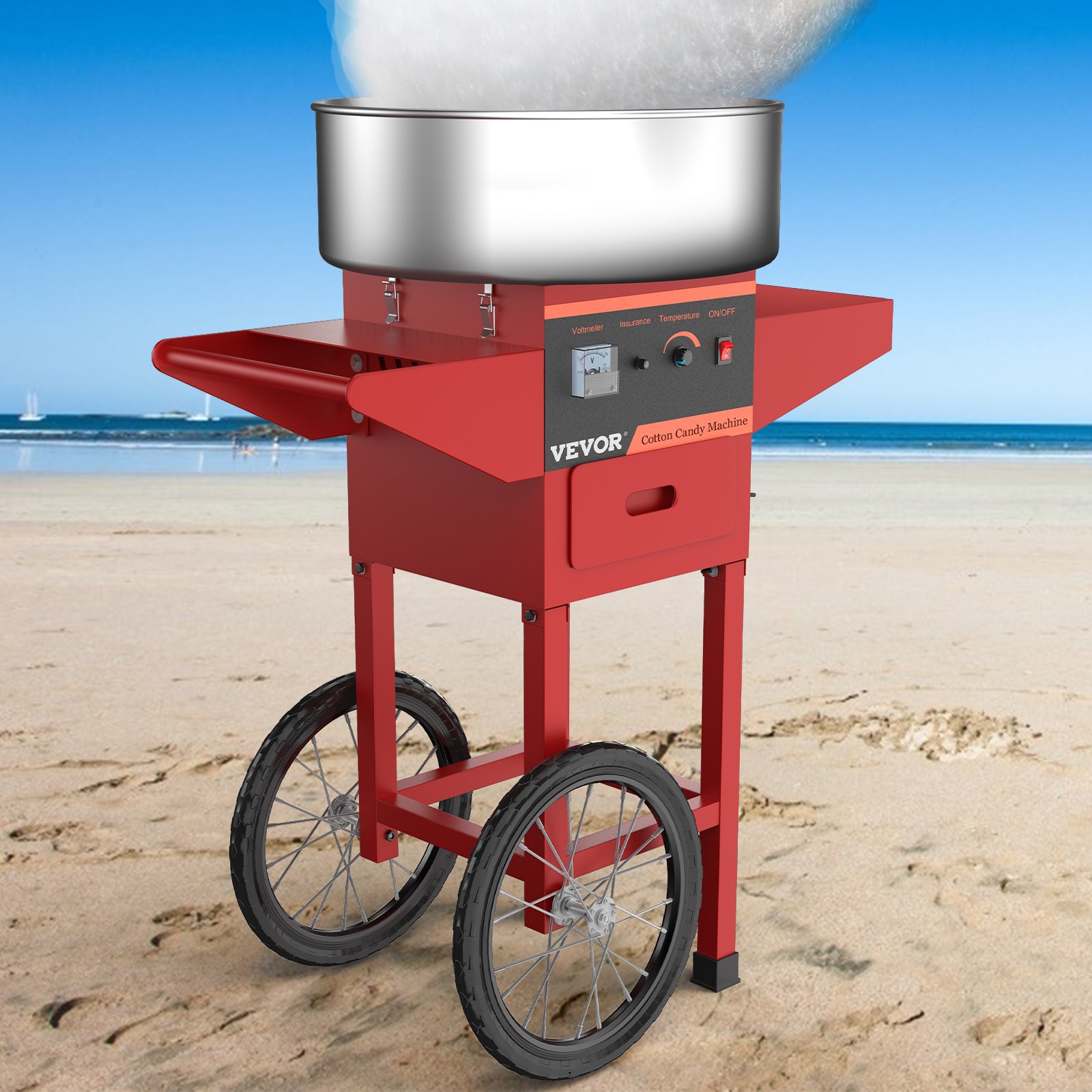 VEVOR Macchina Elettrica per Zucchero Filato Cotton Candy Maker con Carrello 1000W, Macchinetta per Zucchero Filato Rosso con Carrello Ciotola Diametro 50cm, Macchina Elettrica per Zucchero Filato