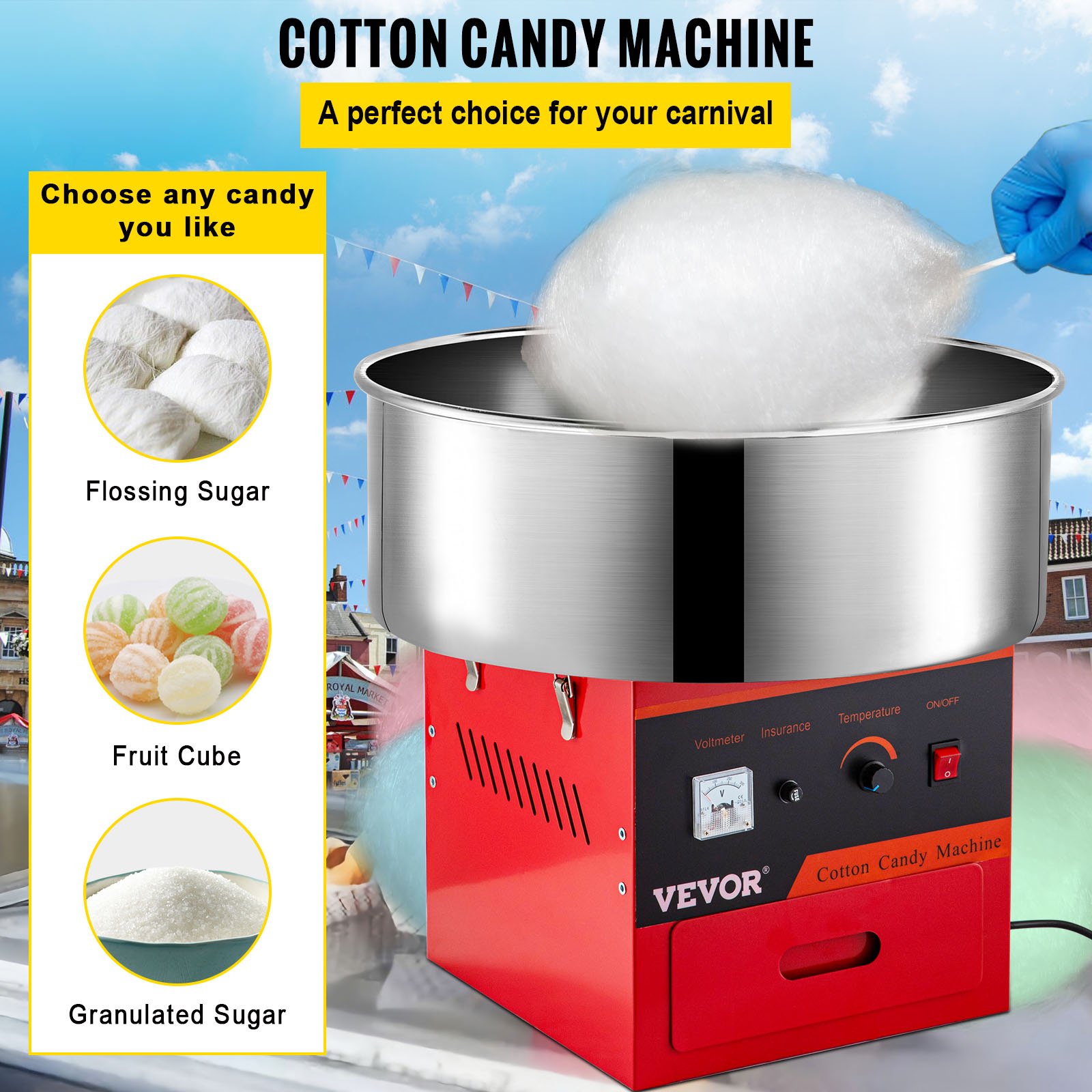 VEVOR Macchina Elettrica per Zucchero Filato Cotton Candy Maker da Banco 1000W, Macchinetta per Zucchero Filato in Rosso da Banco Ciotola Diametro 50cm, Macchina Elettrica per Zucchero Filato 13,5kg
