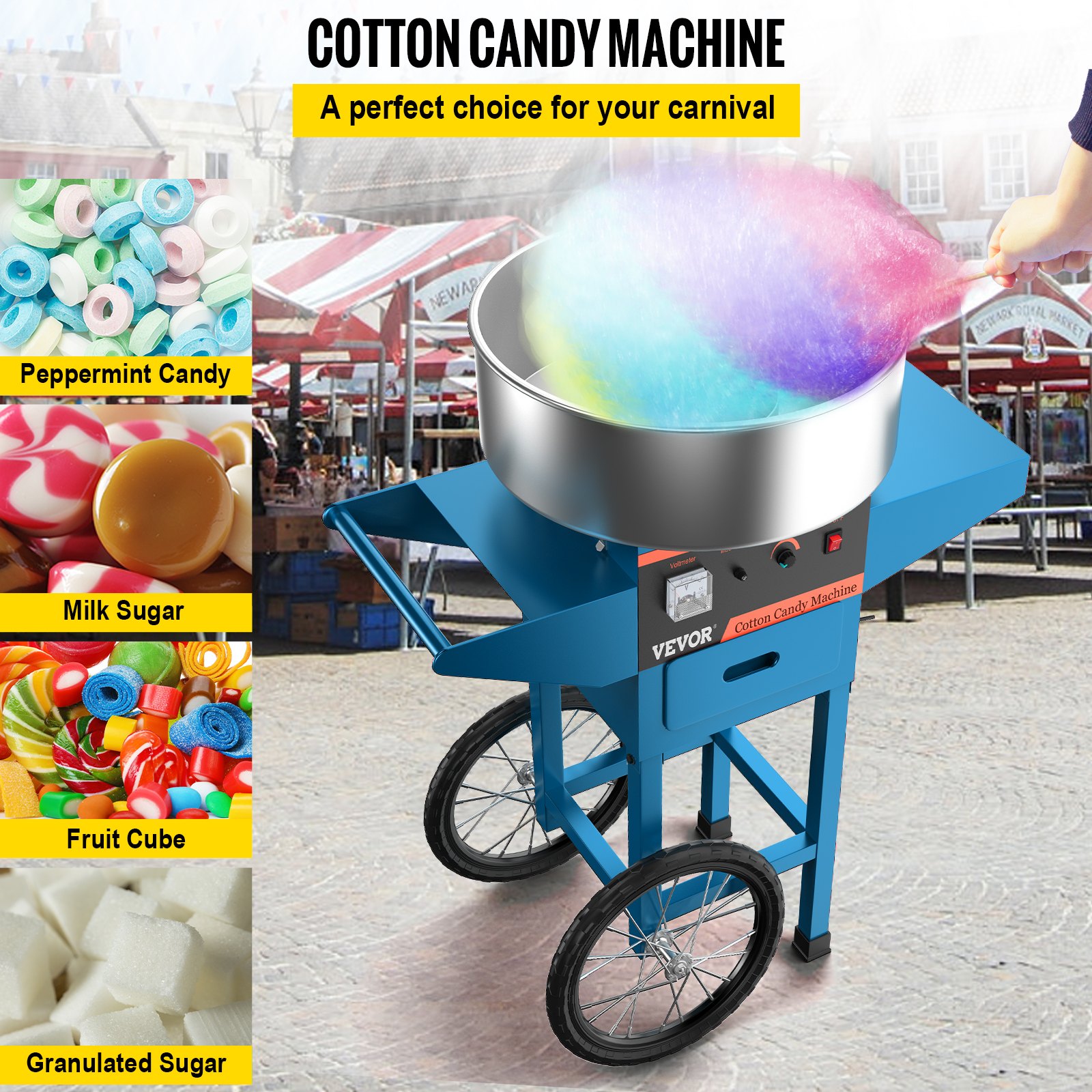 VEVOR Macchina Elettrica per Zucchero Filato Cotton Candy Maker con Carrello 1000W, Macchinetta per Zucchero Filato in Blu con Carrello Ciotola Diametro 50cm, Macchina Elettrica per Zucchero Filato