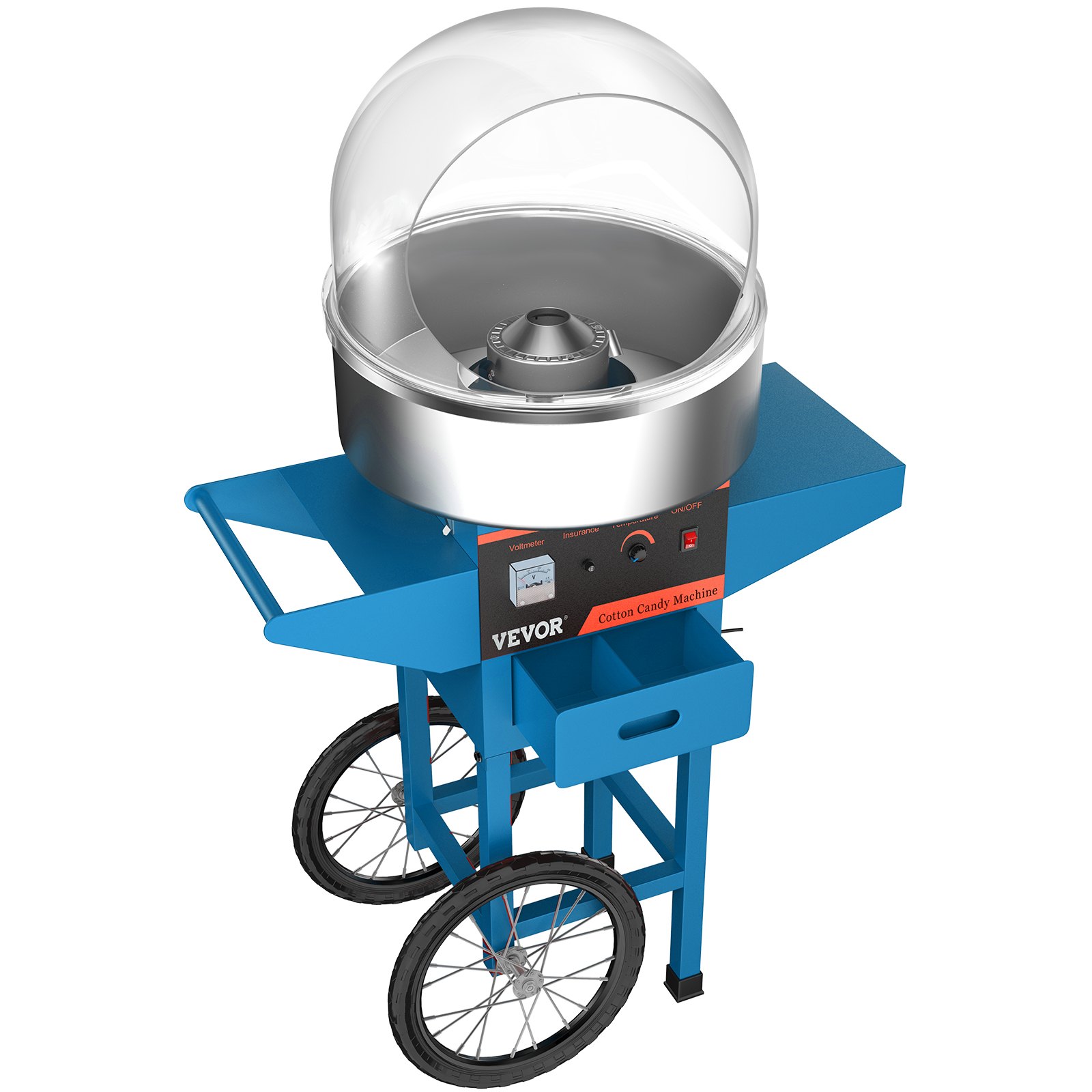VEVOR Macchina con Coperchio e Carrello Blu per Produzione di Zucchero Filato, Macchina Elettrica di Colore Blu da Carrello con Coperchio Chiaro di Zucchero Filato, Kit per Produzione Zucchero Filato