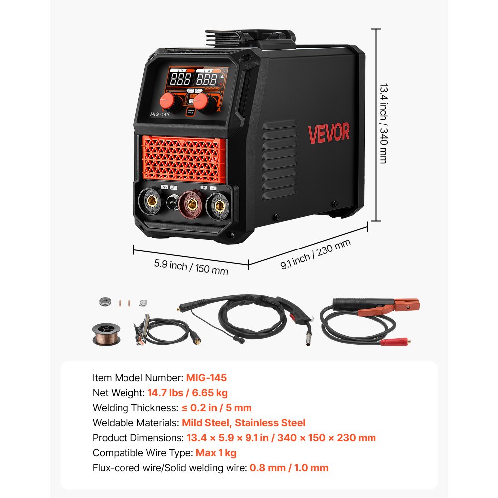 VEVOR Saldatrice MIG 145A 3 in 1 Lift TIG/MIG a Filo Animato Senza Gas/MMA, Macchina Saldatrice Portatile, 220 V, Controllo Sinergico, con Inverter IGBT, Ideale per Metallo, Riparazioni e Fai da Te