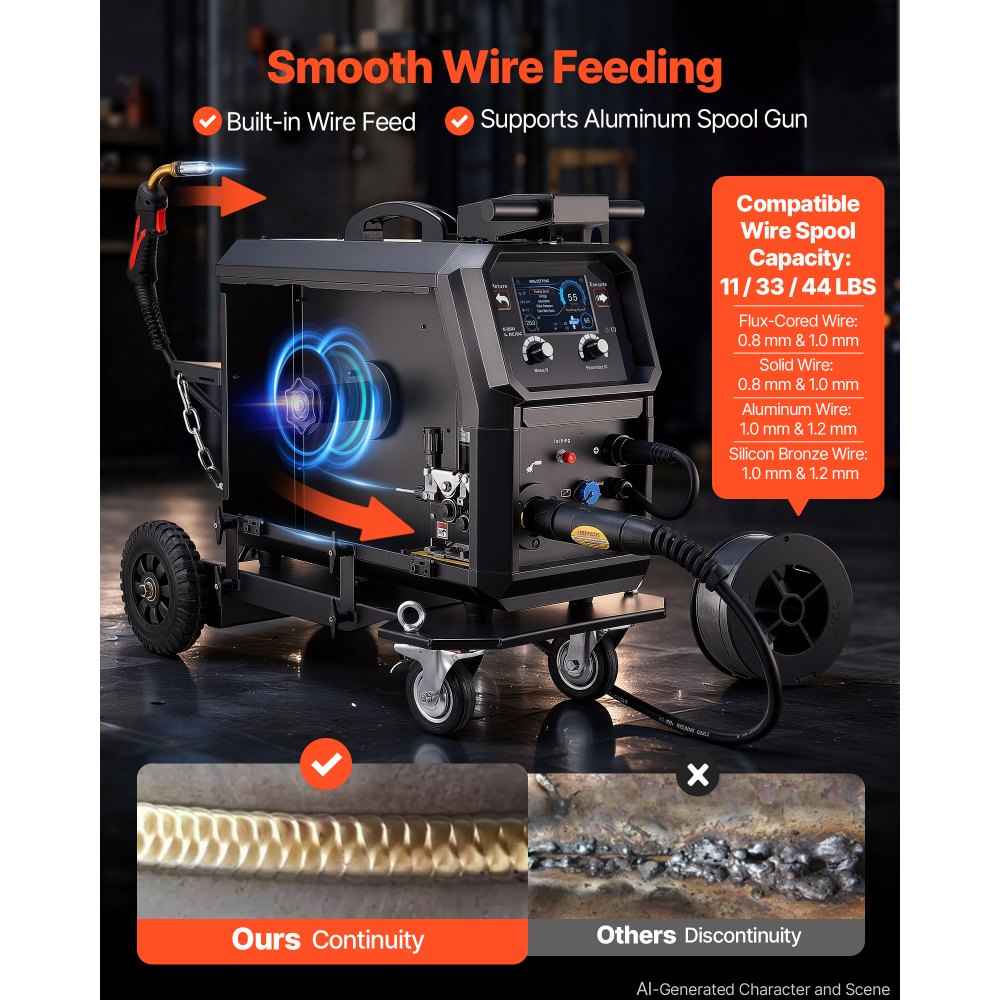 VEVOR Saldatrice MIG Pro 200A 9 in 1 con Carrello, MIG a Gas, TIG AC/DC, Macchina Saldatrice a Filo Animato Senza Gas, TIG Pulsato AC/DC, MMA, Ideale per Alluminio Compatibile con Spool Gun e Pedale