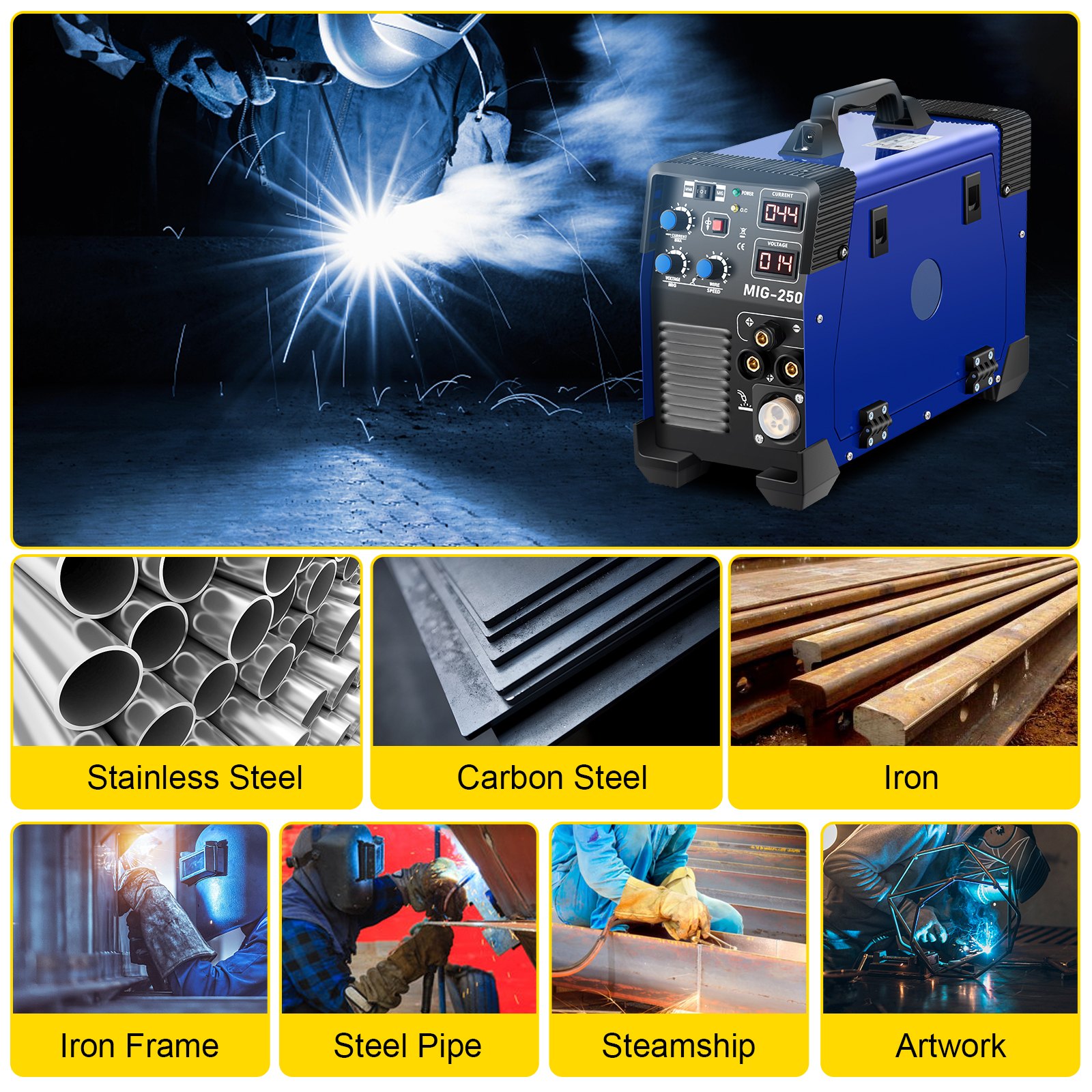 VEVOR Saldatrice MIG 250 Amp Saldatore MIG TIG ad Arco Saldatore 3 in 1 Saldatore 220V Saldatore TIG Sollevatore ARC Saldatore MMA Stick IGBT Saldatore Inverter DC Display Digitale