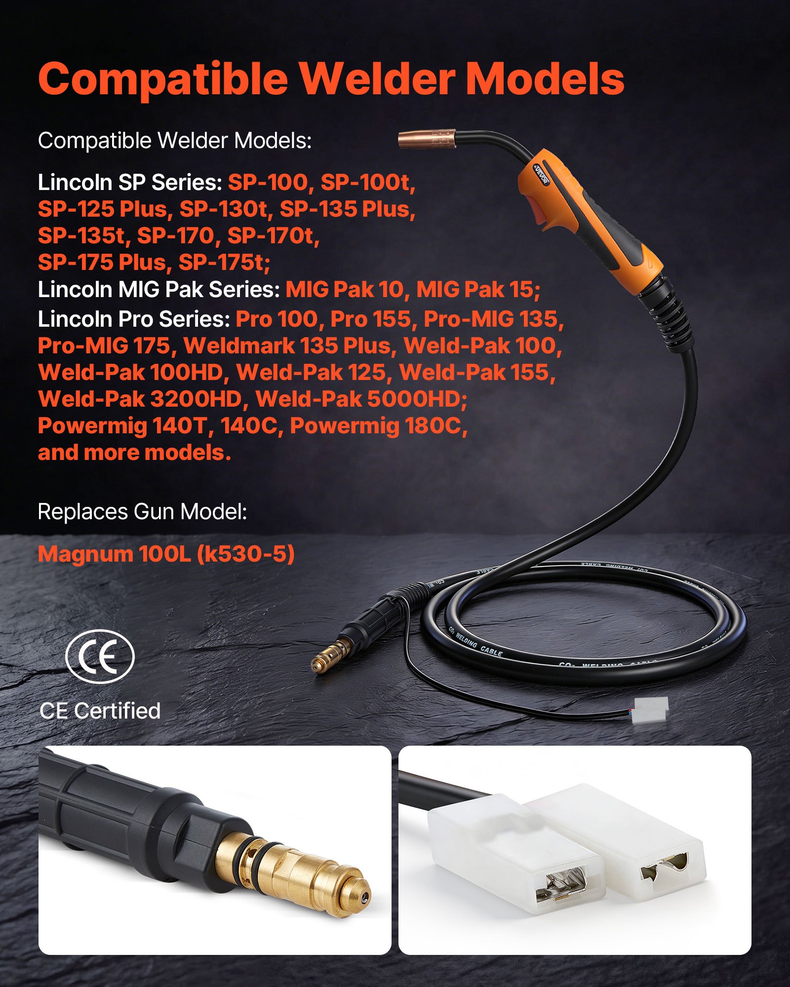 VEVOR Torcia MIG per Saldatura 100A con Cavo da 3 m, Pistola per Saldatura a Filo Compatibile con Lincoln Magnum 100L (K530-5), 11 Punte di Contatto di Ricambio e Impugnatura, per Uso Industriale