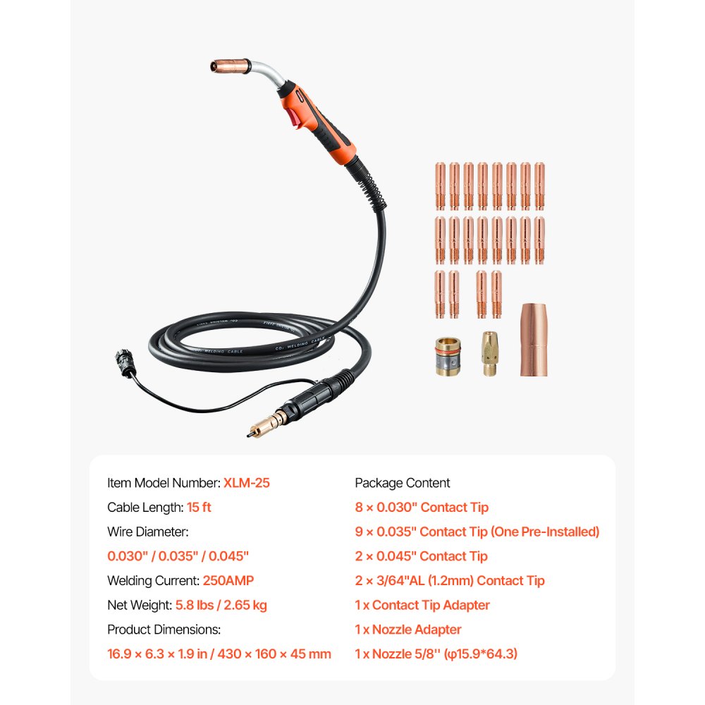 VEVOR 250-A-MIG welding gun with 4.6 m long cable, welding torch compatible with Millermatic 200, 210, 212, 250, 250X, 251, 252 welding machines, suitable for welding wires of 0.0762/0.0889/0.1143 cm