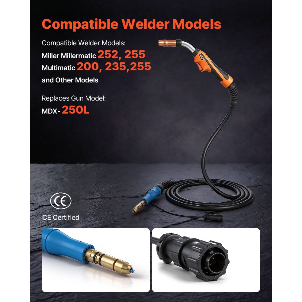 VEVOR Torcia MIG per Saldatura 250A con Cavo da 4,57 m, Pistola MIG per Saldatura a Bobina con Miller (MDX-250), 11 Punte di Contatto di Ricambio e Impugnatura Ergonomica, per Officina e Industria
